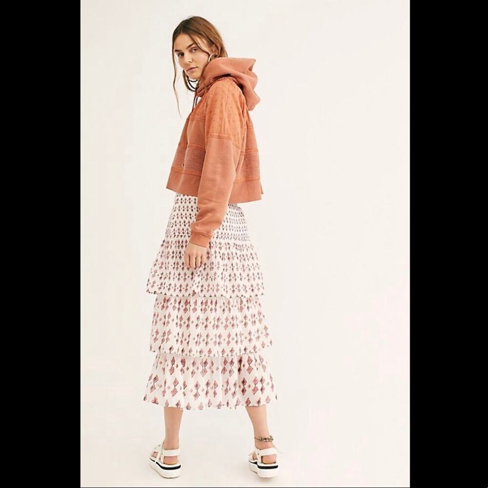 FREE PEOPLE Womens Cha Cha Tiered Cotton Midi Patterned Printed Skirt Size 0 - Picture 3 of 9
